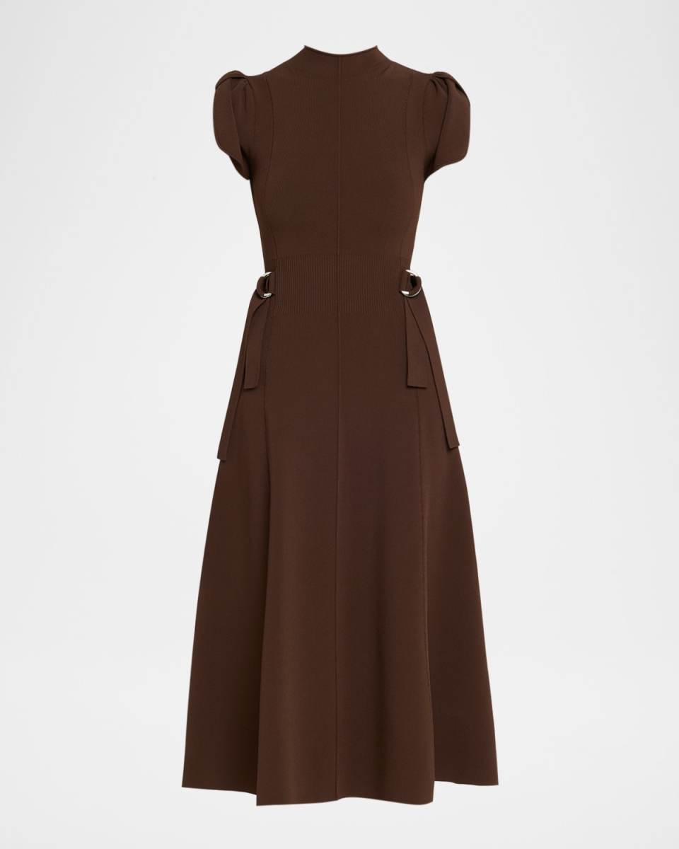 Tulip-Sleeve Compact Rib Midi Dress